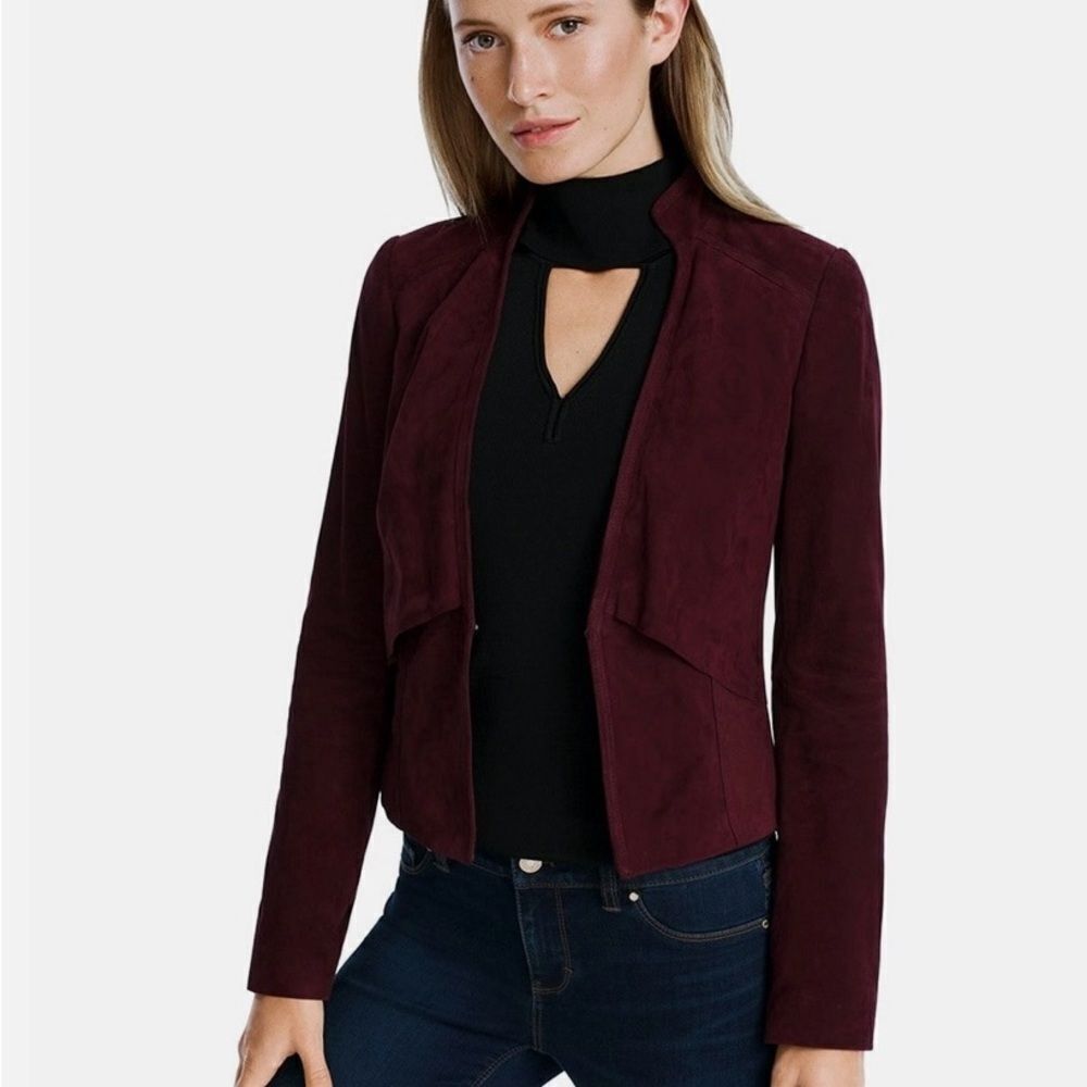 White House Black Market Cabernet Genuine Leather Cropped Flap Jacket